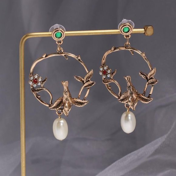 Jewelry - 1 Left! Antique Branch Bird Pearl Unique Earrings
